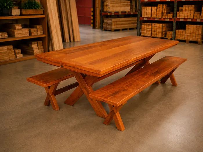 Mesa com bancos de madeira fabricados pela Madeireira Walmar