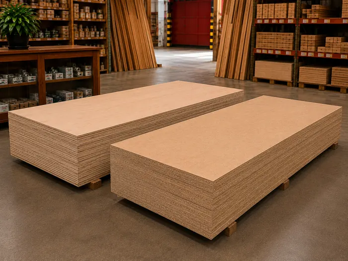 Chapas Duratex e Eucatex empilhadas, produto da Madeireira Walmar