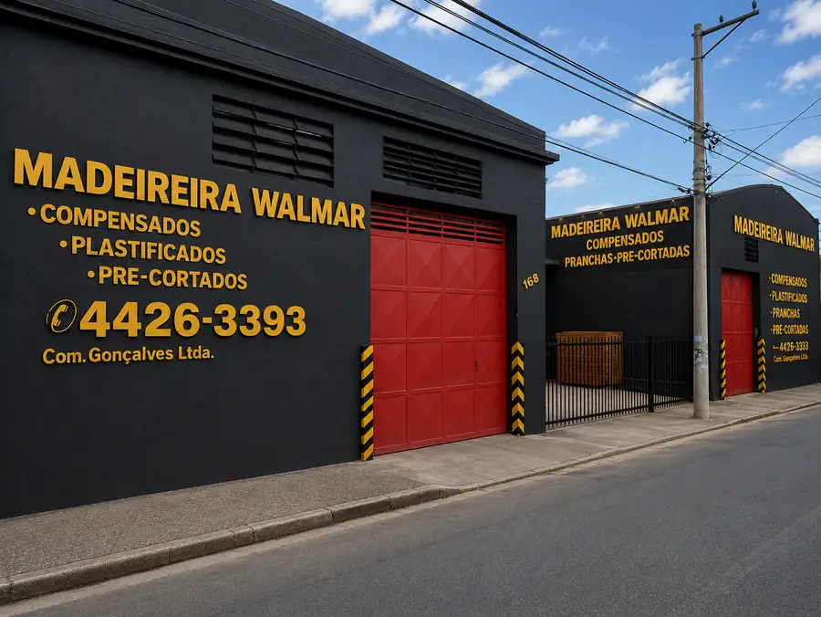 Fachada da Madeireira Walmar, na Rua Caiubi, 168, Santo André
