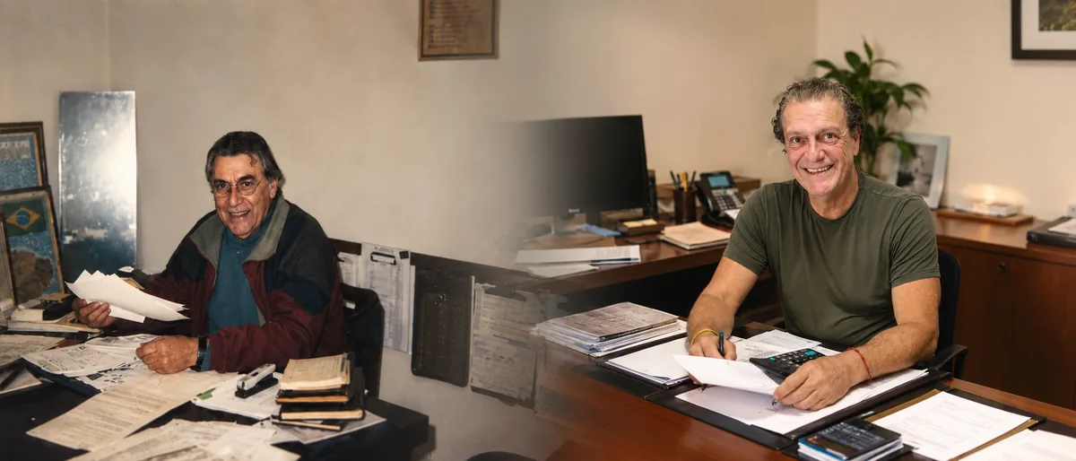 Waldemar Gonçalves Leite e Marcos Gonçalves Leite, fundador e sucessor da Madeireira Walmar, à frente do negócio em diferentes épocas
